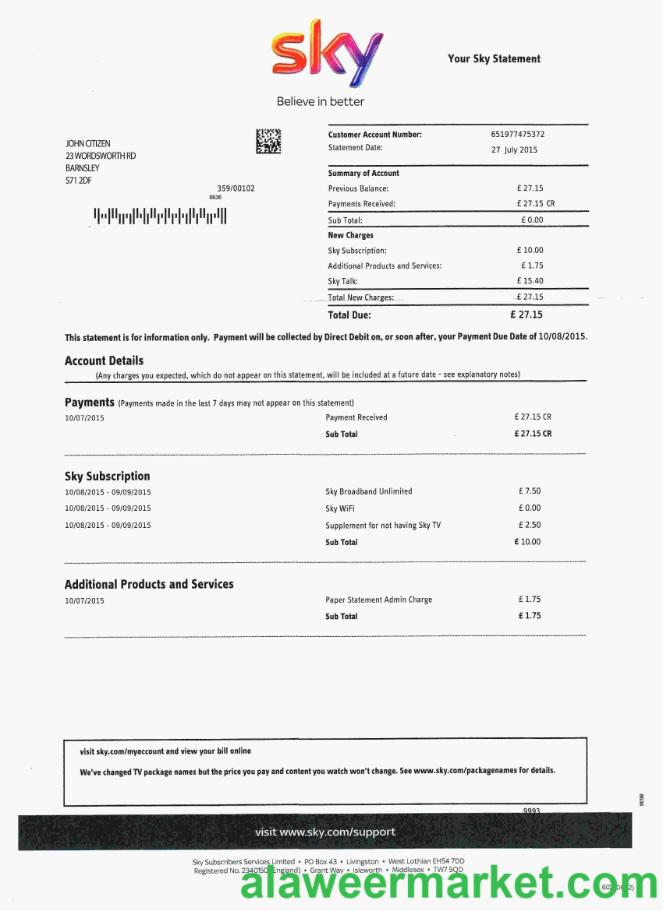 United Kingdom Sky utility bill template, fully editable in PSD format